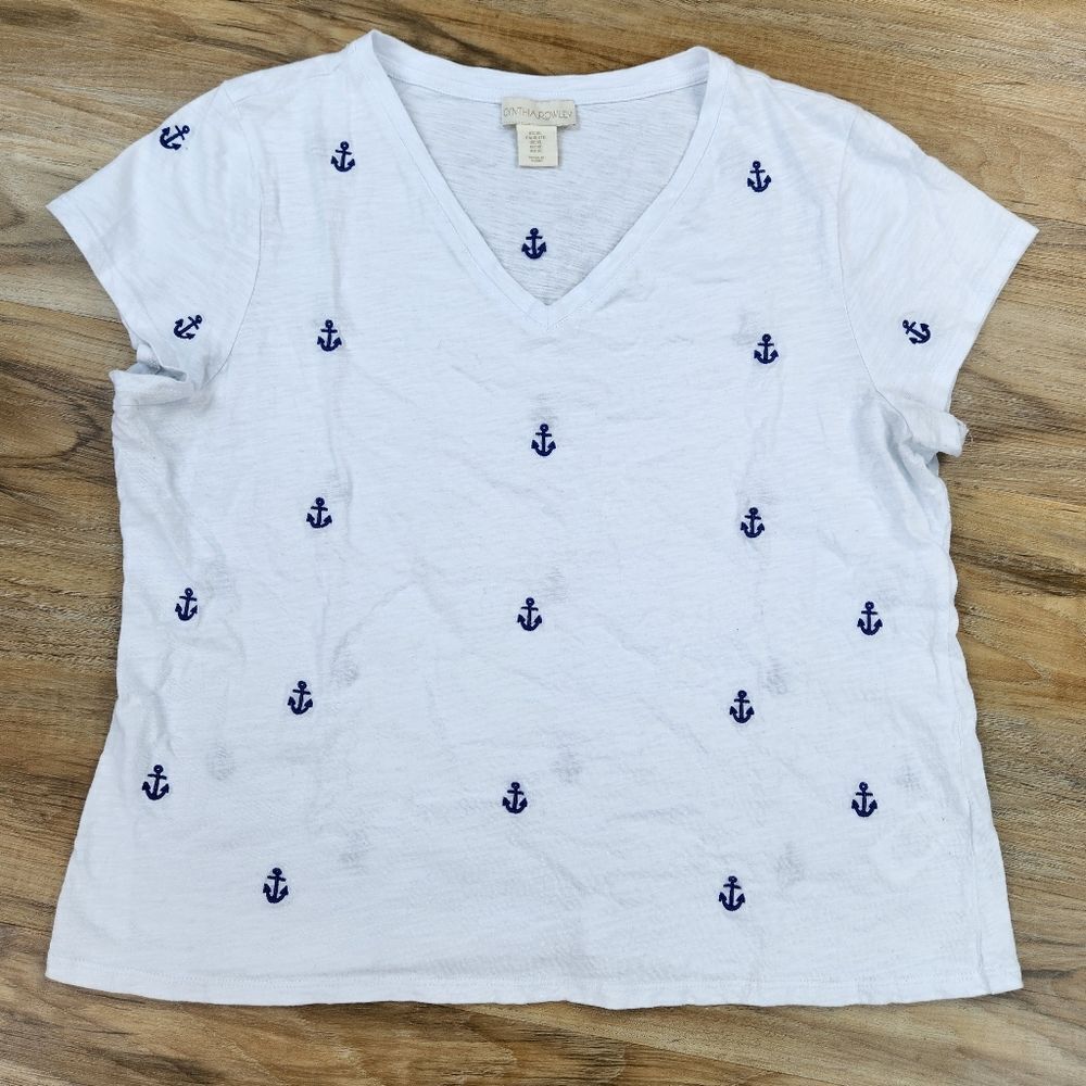 ☔️🔺️Cynthia Rowley White w/Blue Embroidered Anchors Short Sleeve Top XLarge
